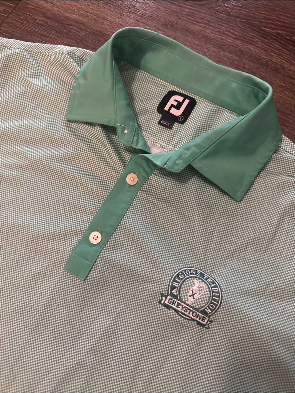 FootJoy Greystone Regions Tradition Golf Polo L Green/White Micro Check S/S